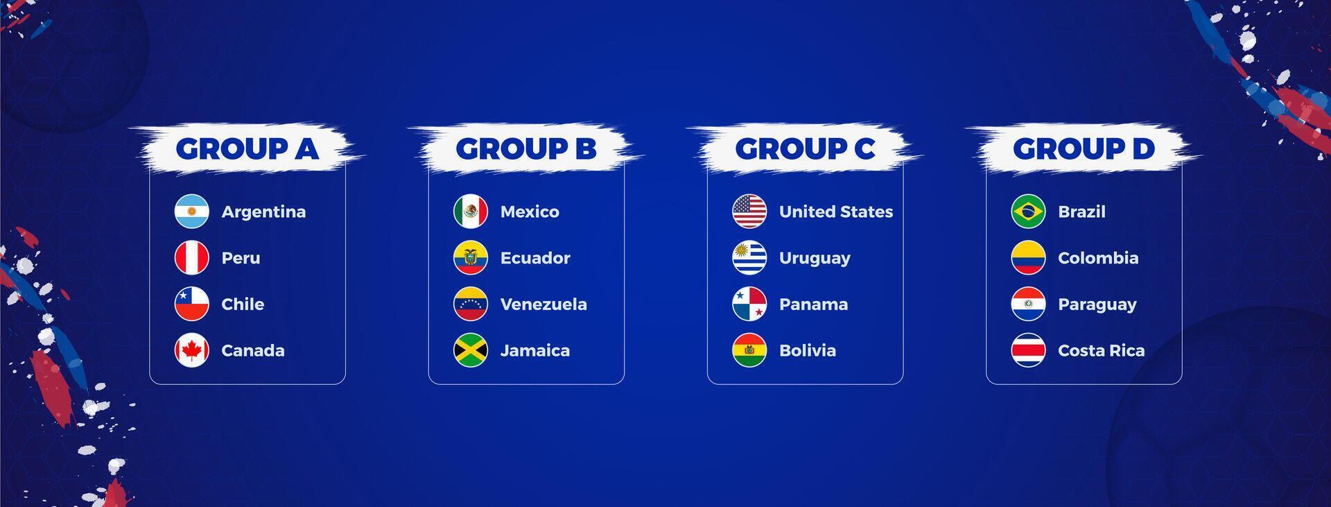 Soccer Tournament Groups with Team Flags and Country Names on Blue Background. vector