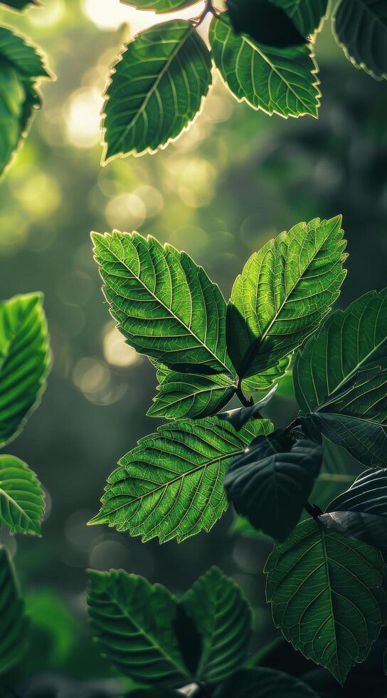 Sunlight Filtering Through Green Leaves in a Forest photo