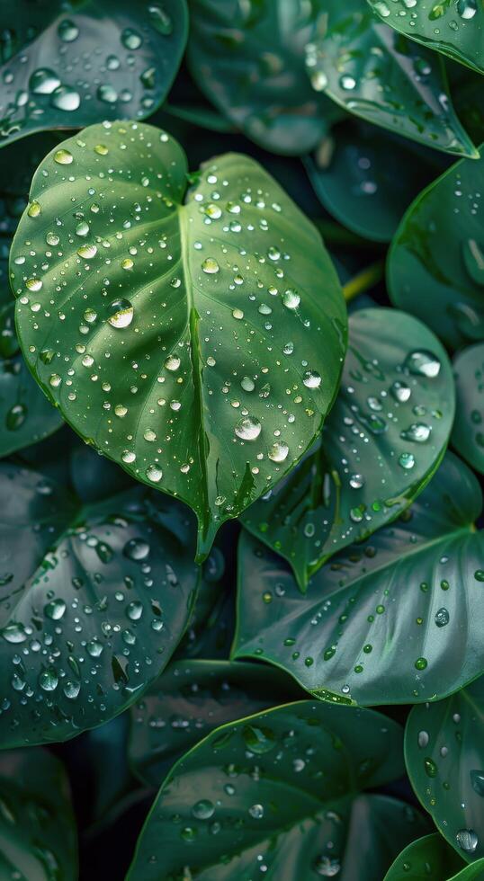 Lush Green Monstera Leaves Covered in Dew After Rain photo