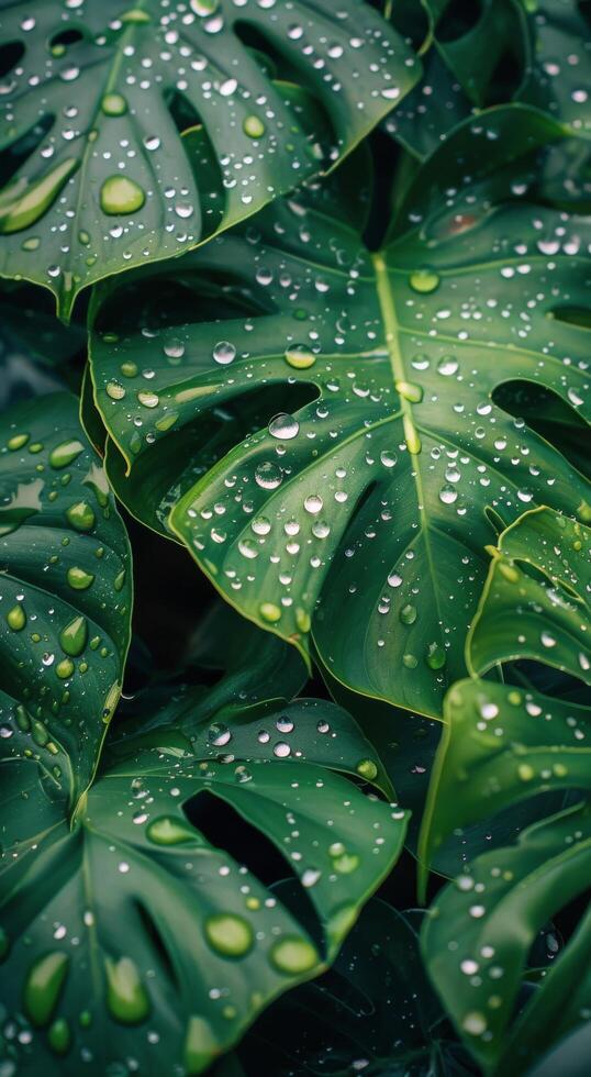 Lush Green Monstera Leaves Covered in Dew After Rain photo