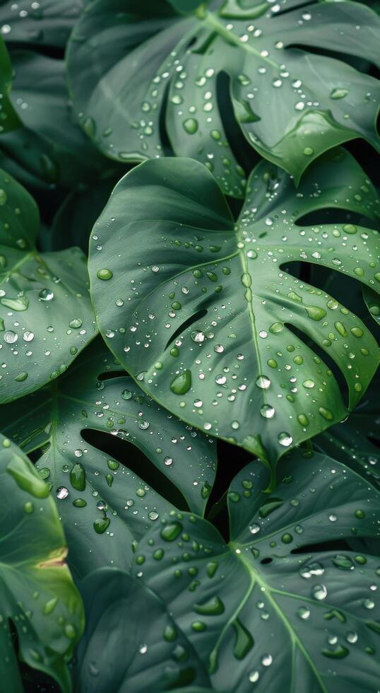 Lush Green Monstera Leaves Covered in Dew After Rain photo
