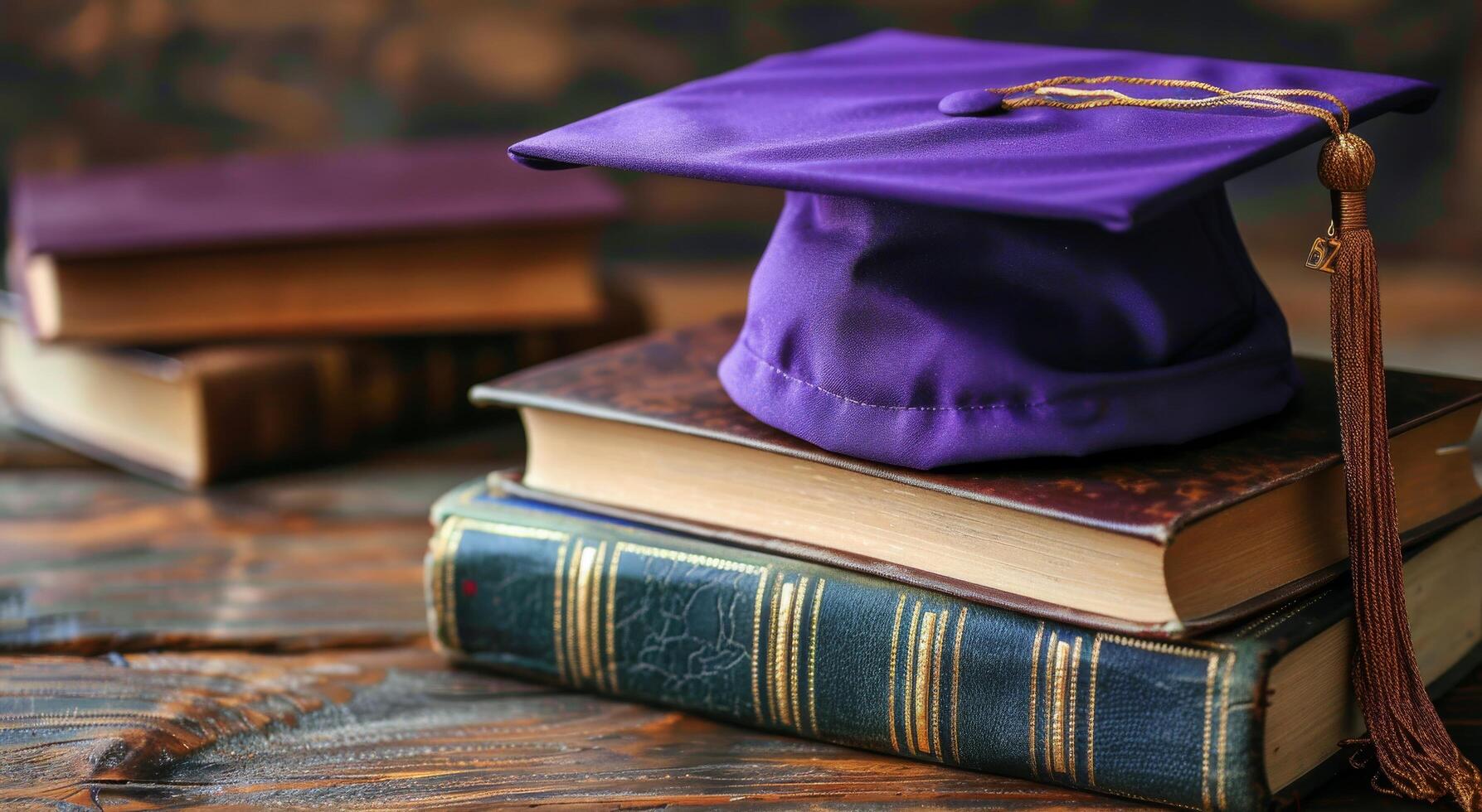 Purple Graduation Cap Resting on Stack of Old Books photo