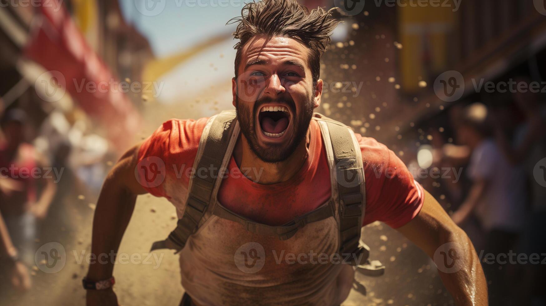 AI generated Ecstatic man running with a joyful expression at a colorful festival, splashed with orange powder. Euphoria and celebration concept. photo