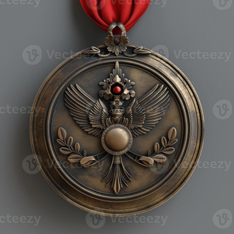 Detailed bronze medallion with eagle and red ribbon. Perfect for military recognition, historical collectibles, or ornate medal design. photo