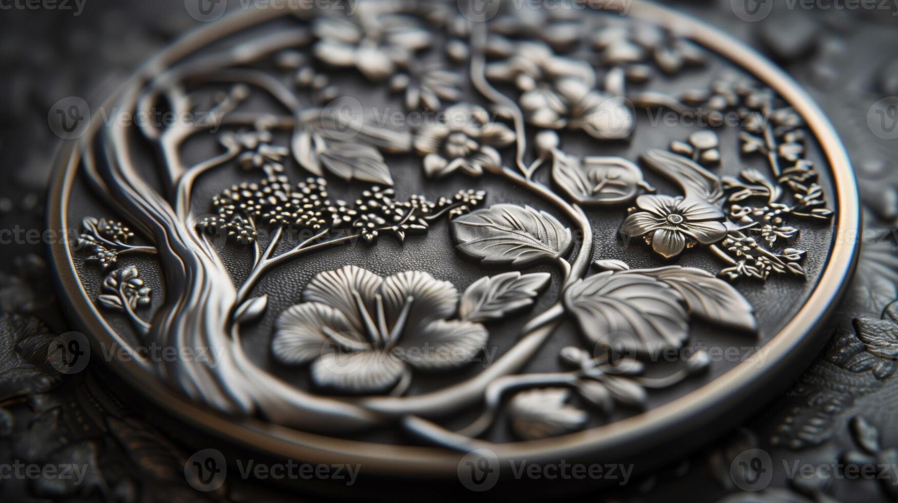Close-up of an ornate medallion with botanical relief. Intricate metal carving on a textured backdrop. Jewelry and art concept. photo
