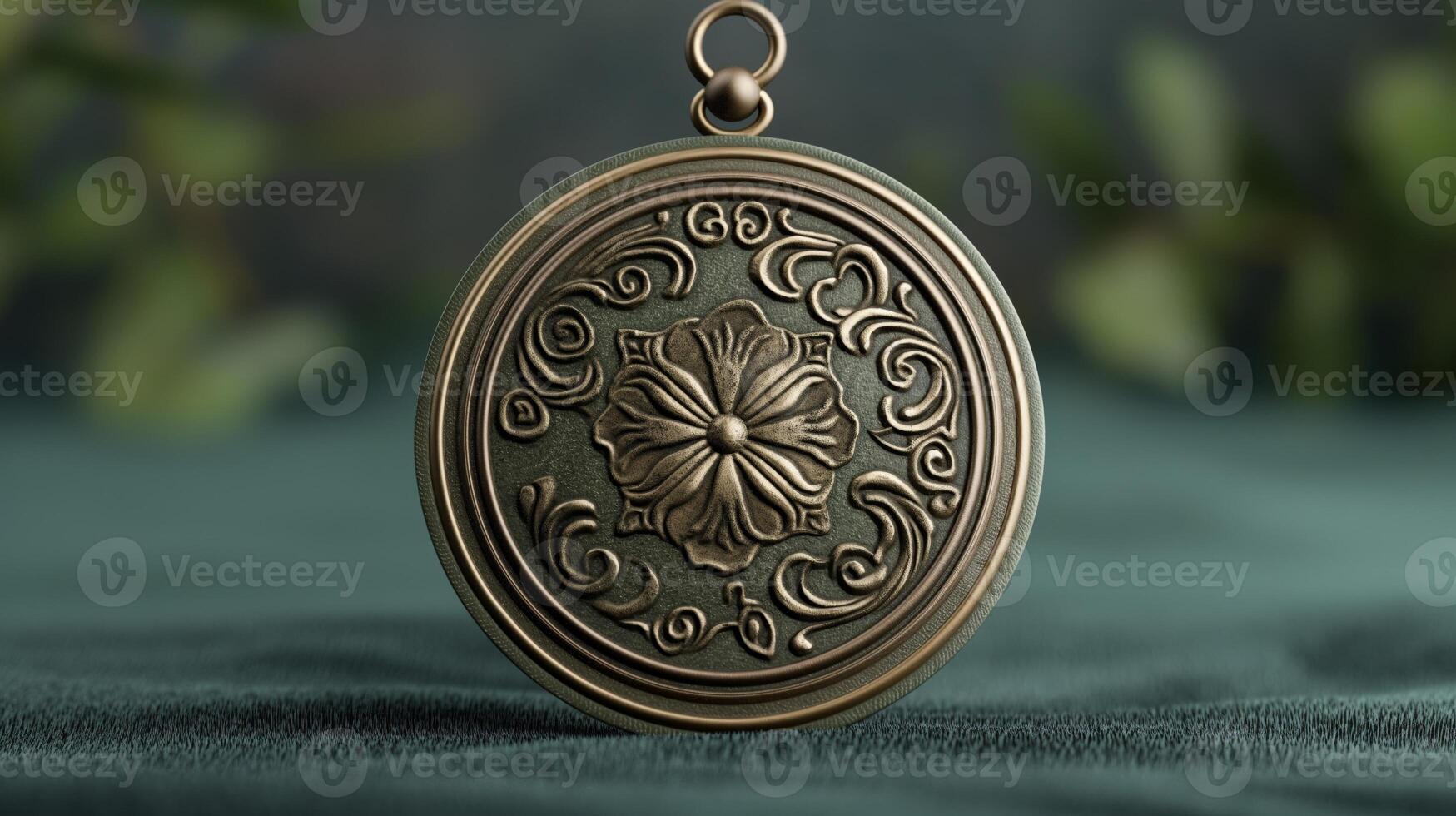 Vintage floral medallion with relief design on teal background. Macro photography, high-detail metalwork for design and print. photo