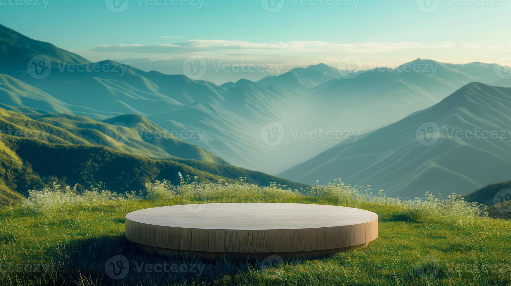 Outdoor product podium in a spring valley with lush grass and mountain range. Ideal for product display and nature themes. 3D visualization with a serene environment for design and marketing. photo