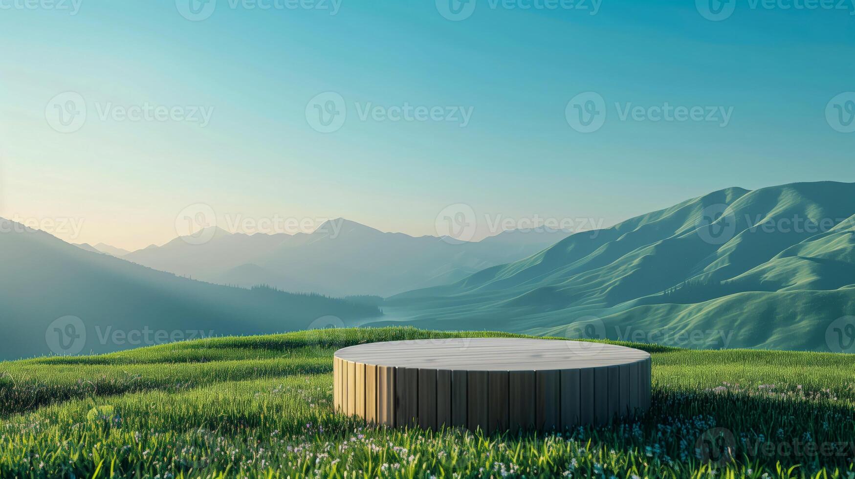 Outdoor product podium in a spring valley with lush grass and mountain range. Ideal for product display and nature themes. 3D visualization with a serene environment for design and marketing. photo