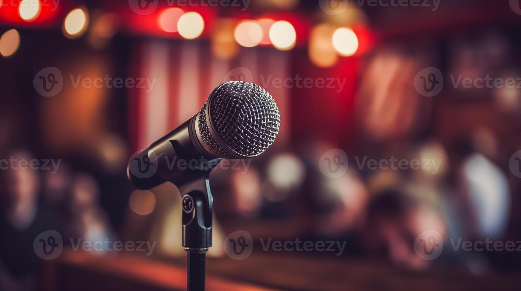 AI generated Close up of microphone stand in the blurry background photo