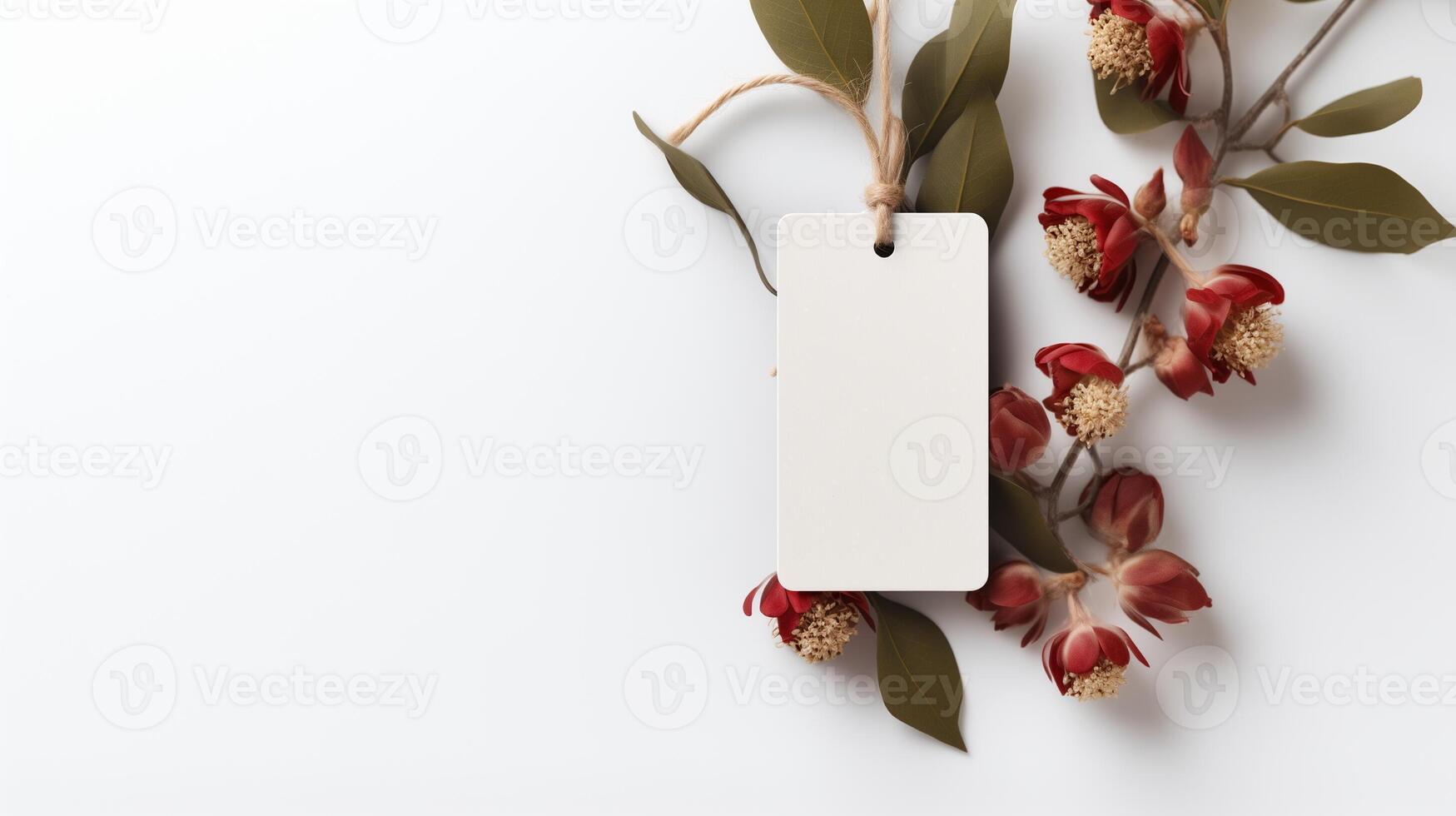 AI generated Blank white label with natural string on a white background with red flowers and green leaves. Flat lay mockup with copy space for wedding or gift tag design. photo