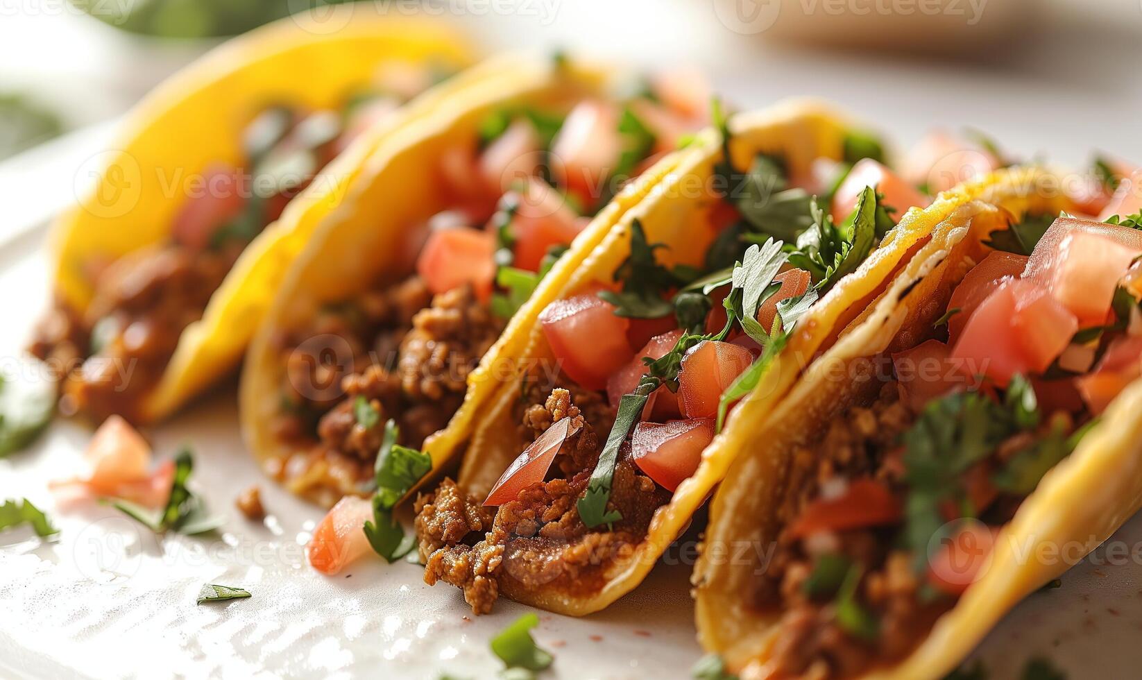 AI generated Ground beef tacos with fresh tomatoes, onion, cilantro in hard shell tortillas. Mexican cuisine concept. Design for restaurant menu, food blog, culinary website. photo