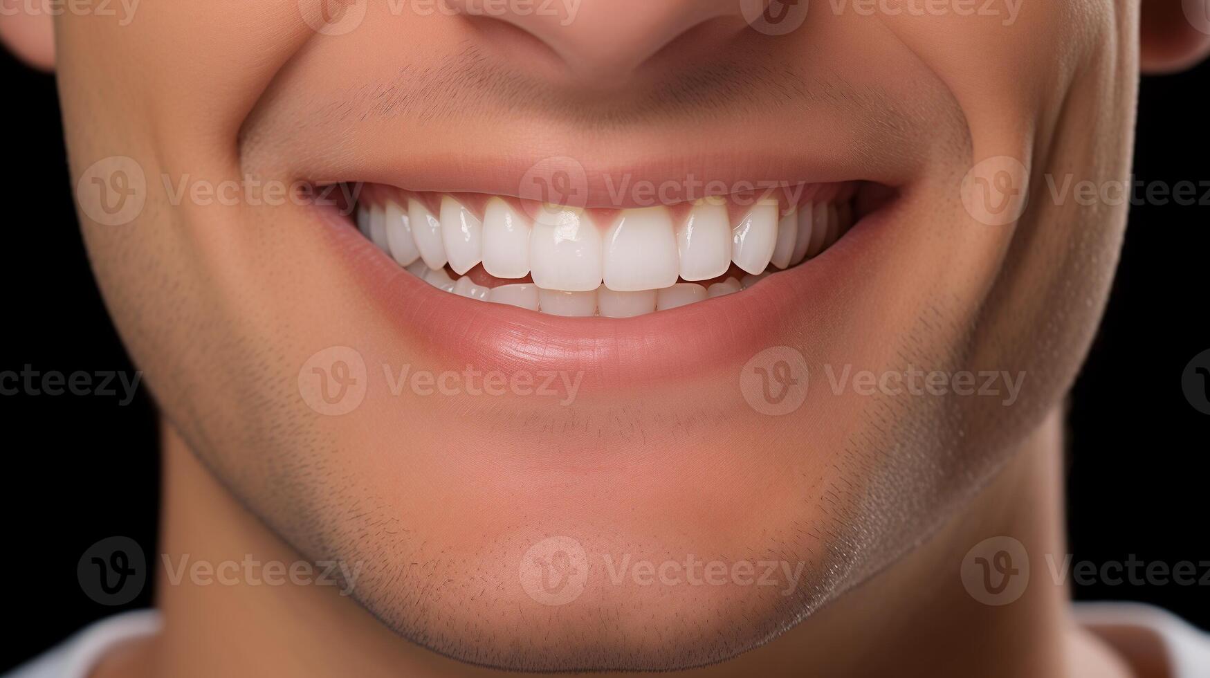 AI generated Close-up of a radiant male smile with white teeth. Dental care and lifestyle concept for design and print. photo