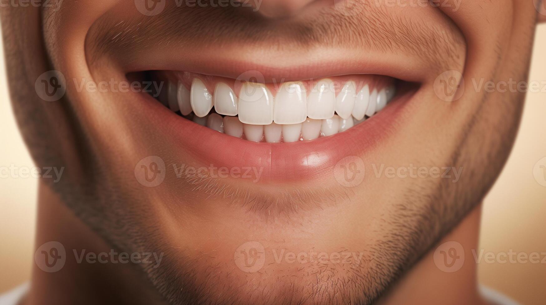 AI generated Close-up of a radiant male smile with white teeth. Dental care and lifestyle concept for design and print. photo