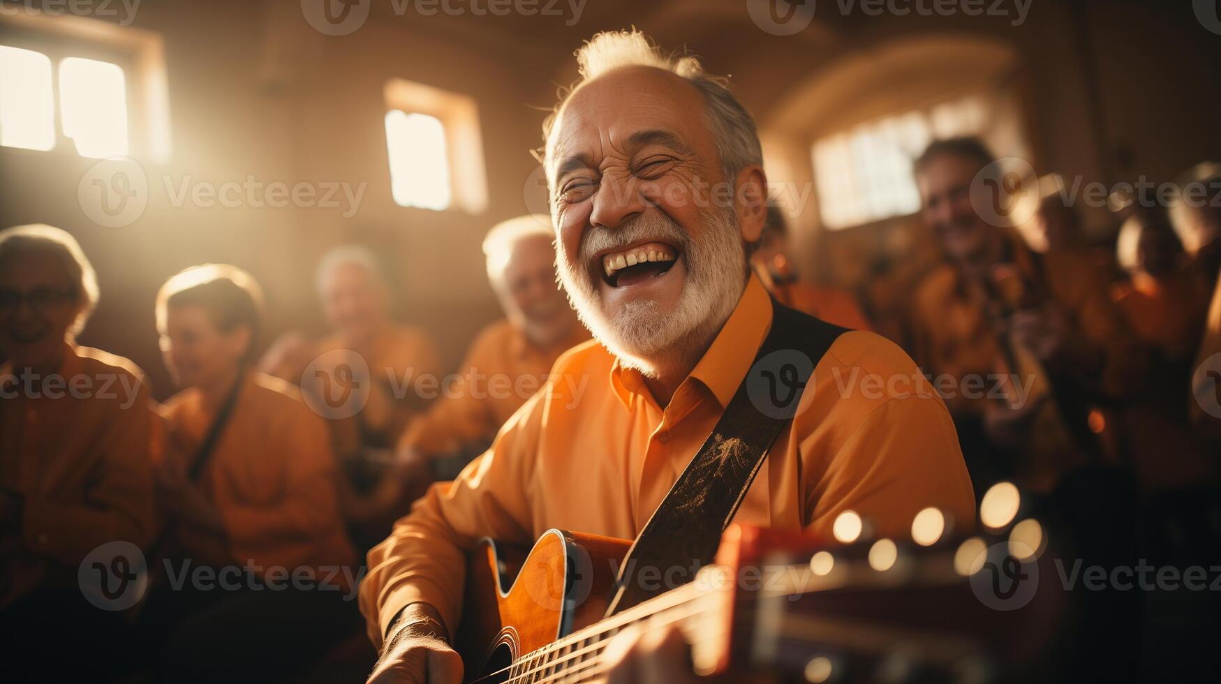 AI generated Elderly man playing guitar with a group of seniors in orange attire. Music and community concept. photo