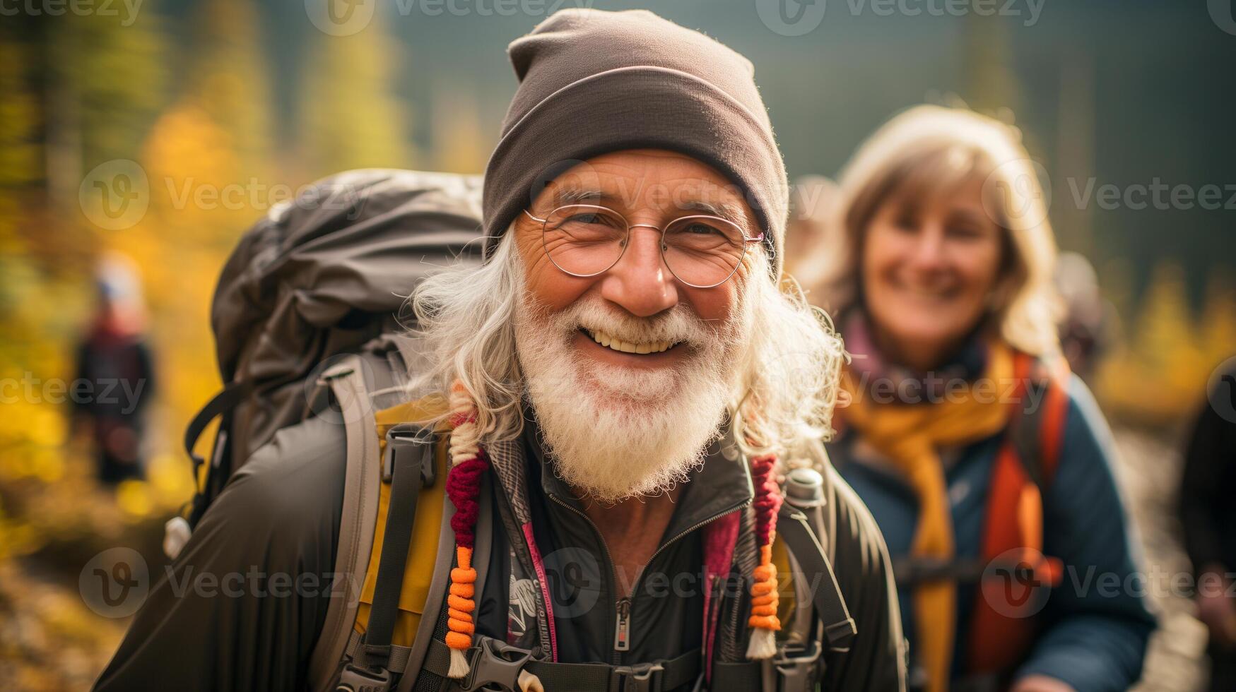 AI generated Smiling elderly man hiking with friends in an autumn forest. Friendship and adventure concept. photo
