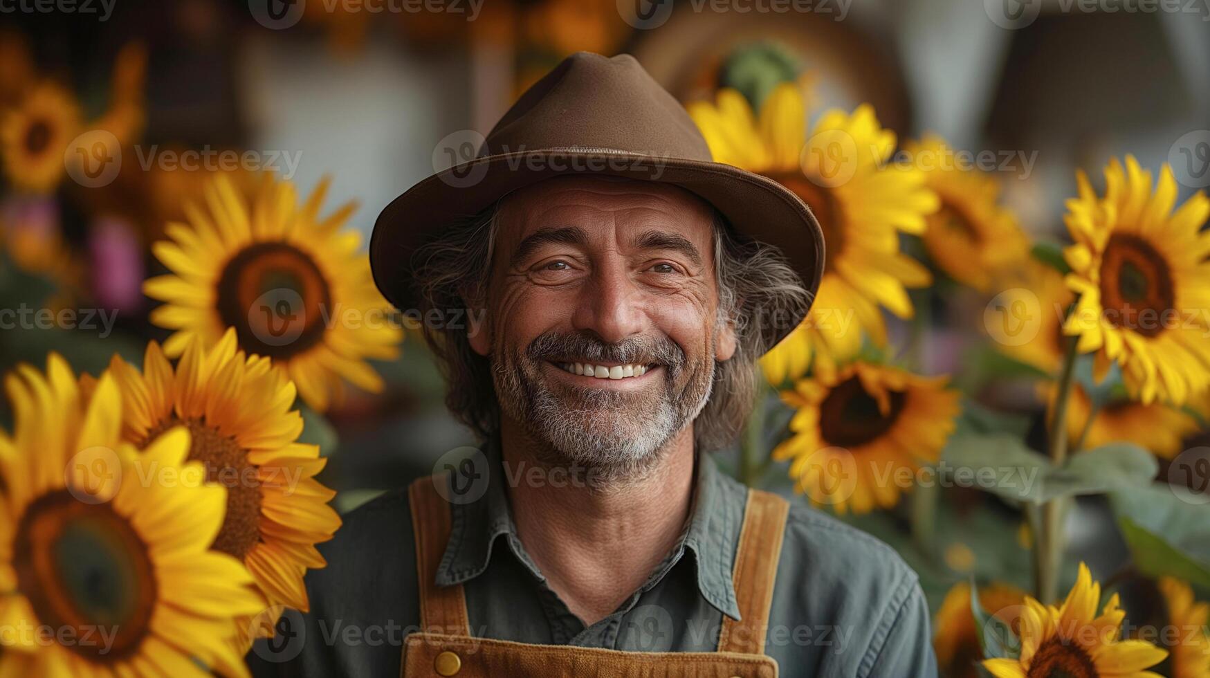 Smiling man with sunflowers wearing hat. Studio portrait with natural background. Happiness and nature concept. Portrait with place for text. photo