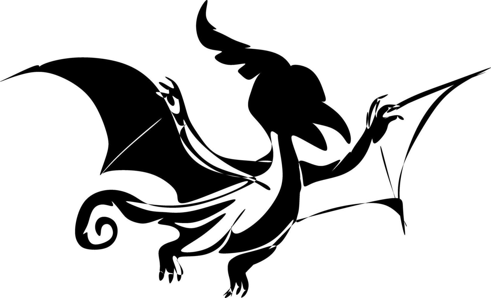 black and white cartoon illustration. silhouette of a fire dragon vector