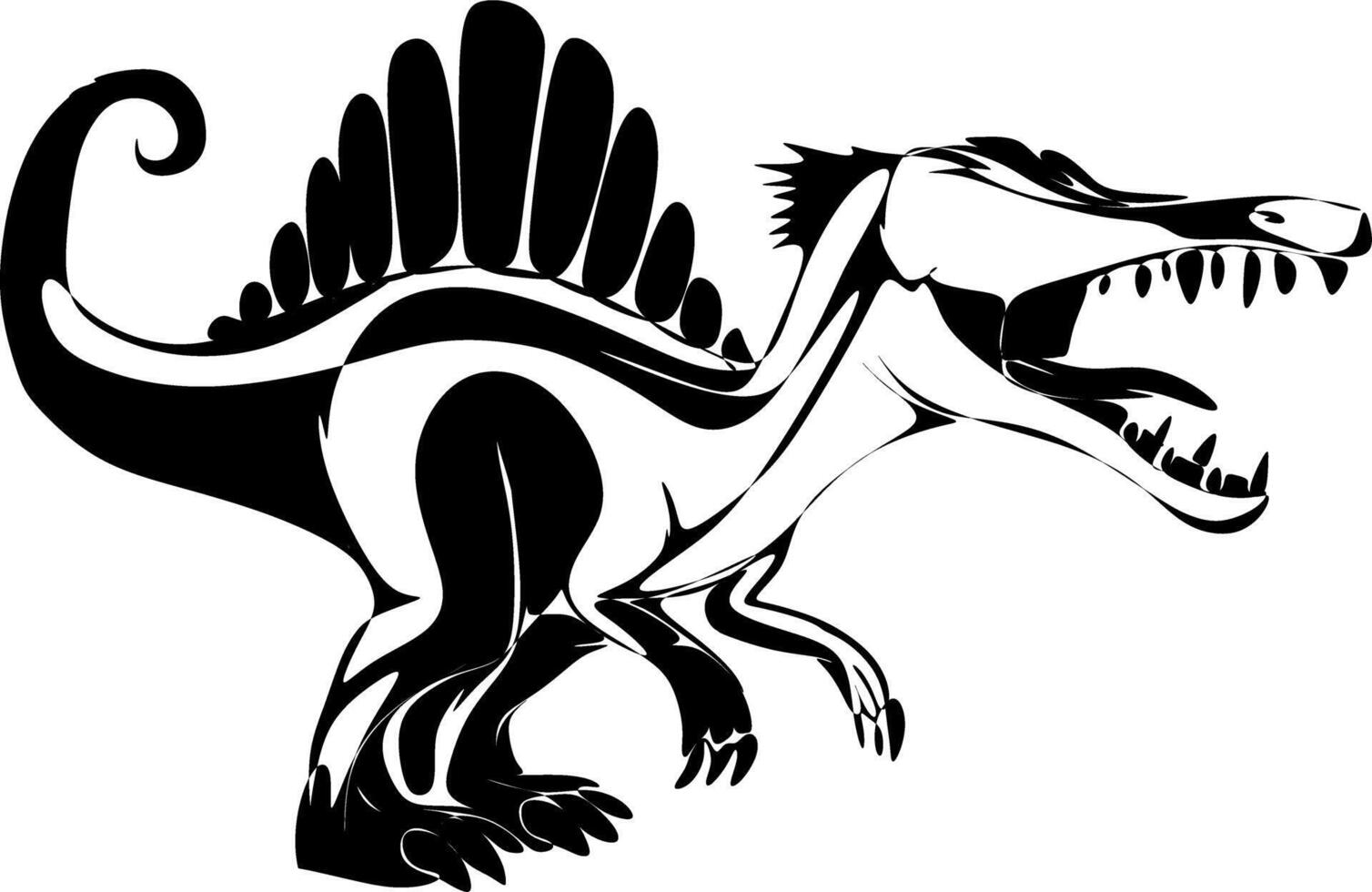 The illustrations and clipart. A black-and-white silhouette of a Spinosaurus vector