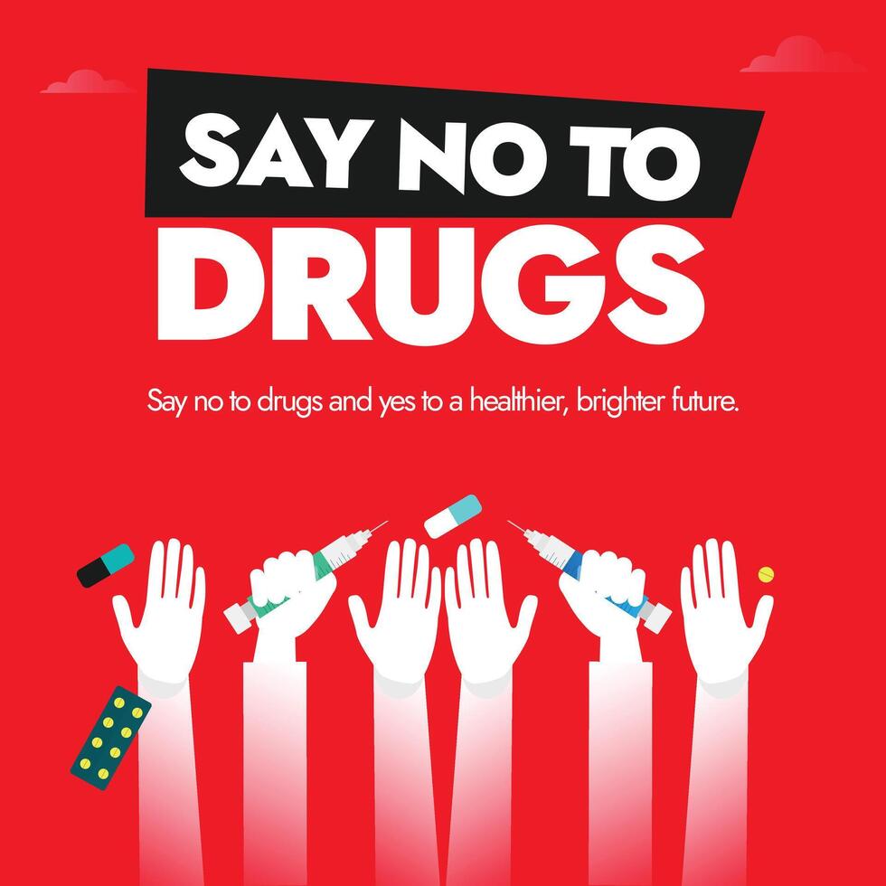 Say no to Drugs. 26th June World Drug day banner with white silhouette hands holding syringes, pills. The day is to strengthen action and cooperation in achieving the goal of world free of drug abuse vector