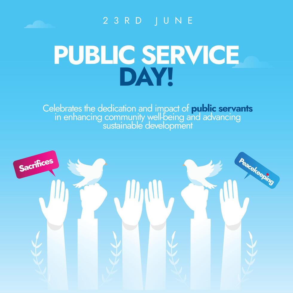 Public service day banner, social media post. 23rd June UN's public service day appreciation banner with hands and doves in white silhouette and sky blue background. vector