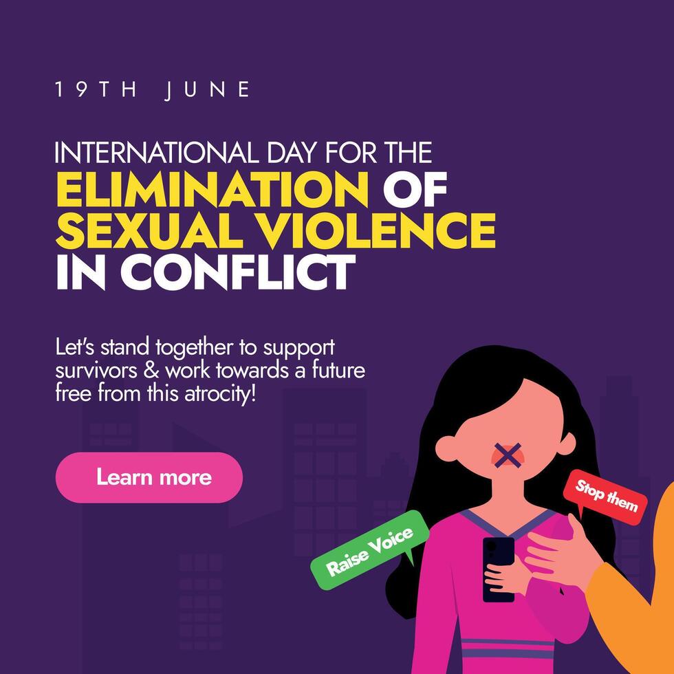 International day for the elimination of sexual violence in conflict. 19th June sexual violence in conflict elimination day conceptual banner, post with a girl having stop sign on her mouth. vector