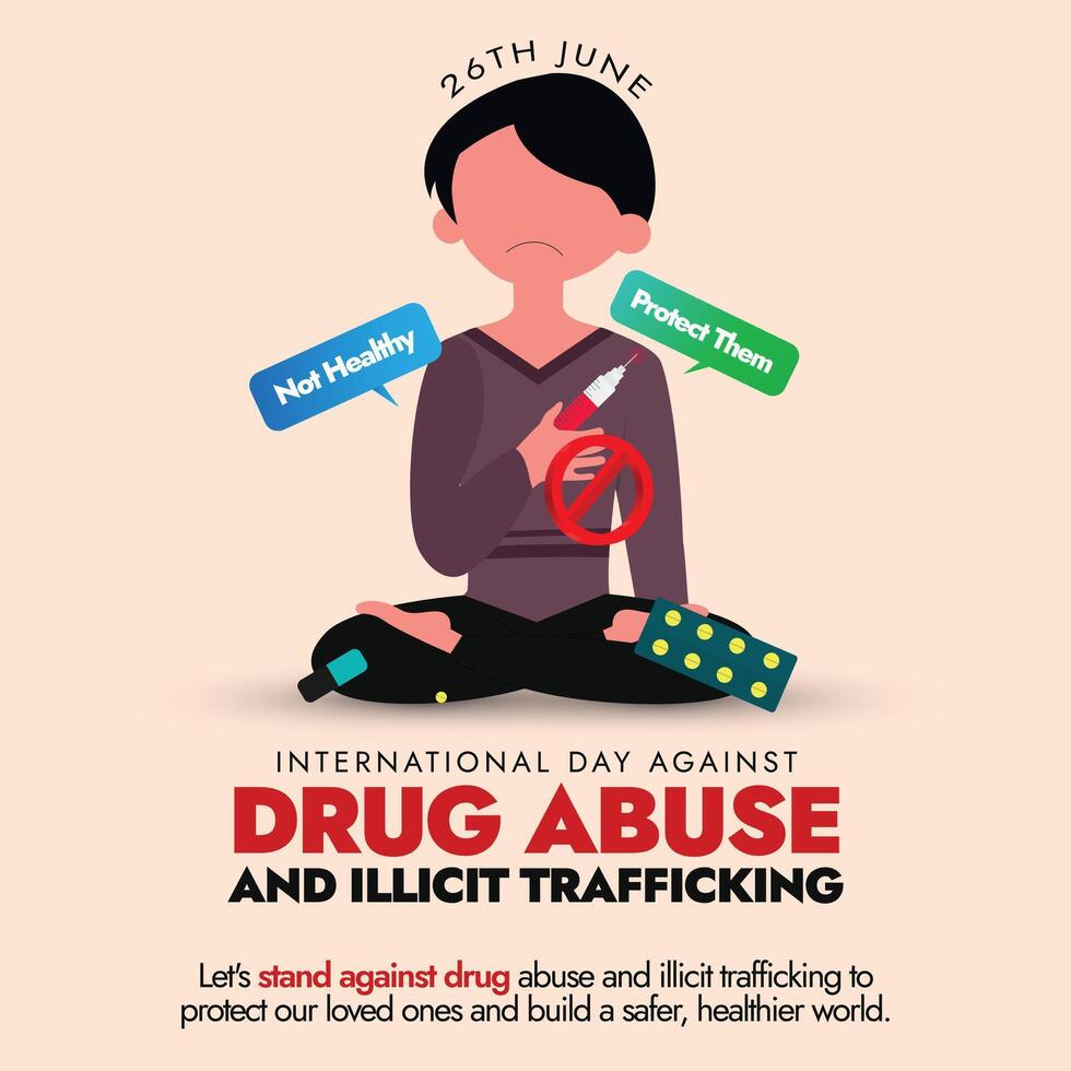International day against drug abuse and illicit trafficking. 26th June World Drug day banner, post with an addict boy to strengthen action and cooperation in achieving a world free of drug abuse. vector