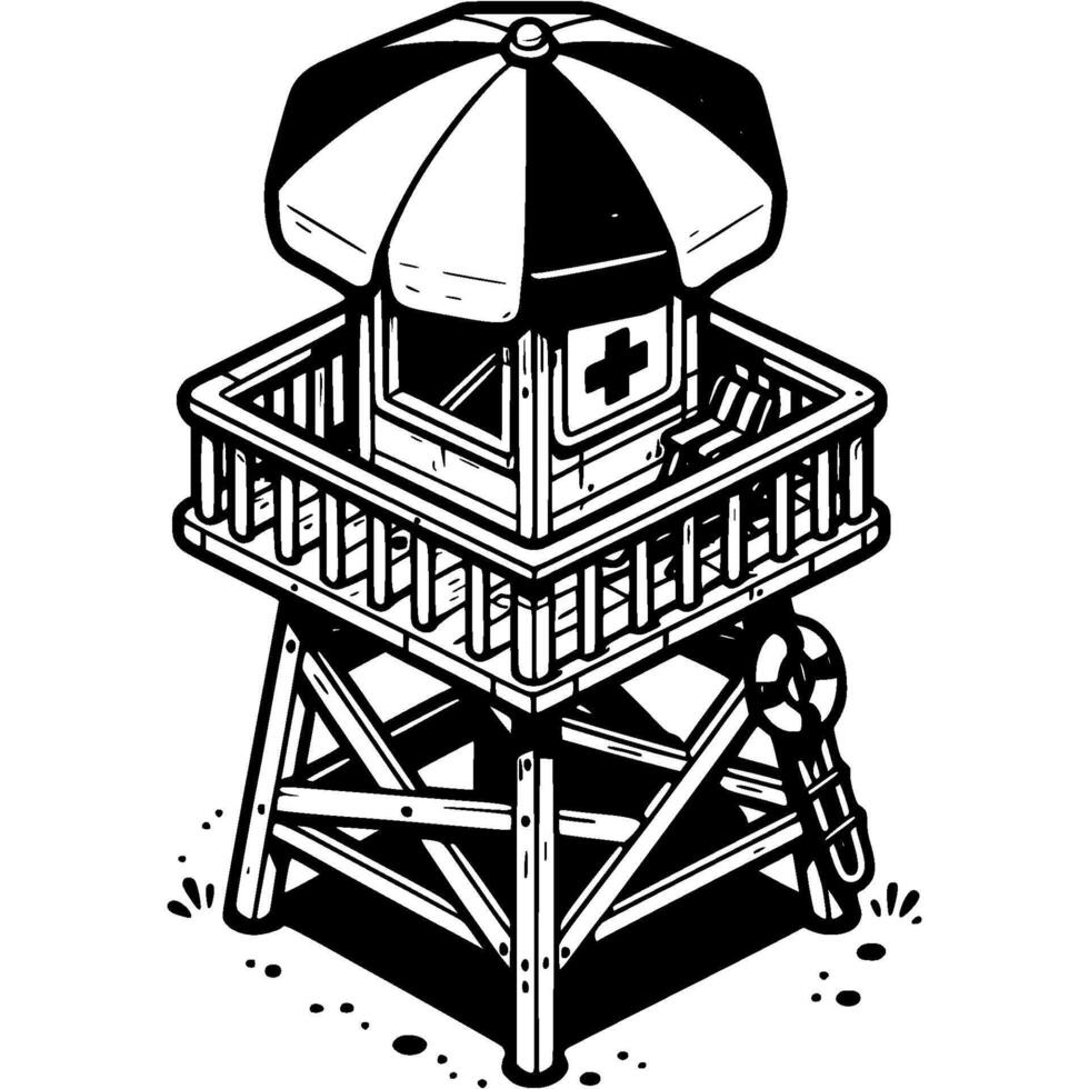 Rescue observation tower on seashore in monochrome. Wooden tower for observing vacationers at sea. Simple minimalistic in black ink drawing on white background vector