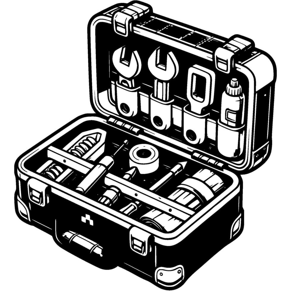 Toolbox with wrench and screwdriver in monochrome. Toolbox is open and tools are visible. Simple minimalistic in black ink drawing on white background vector