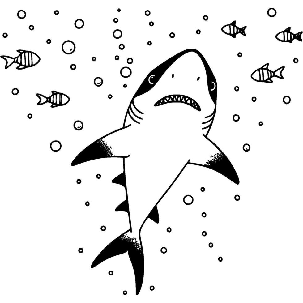 Great white shark attacking from underwater in monochrome. Dangerous sea predator waiting for prey. Simple minimalistic in black ink drawing on white background vector