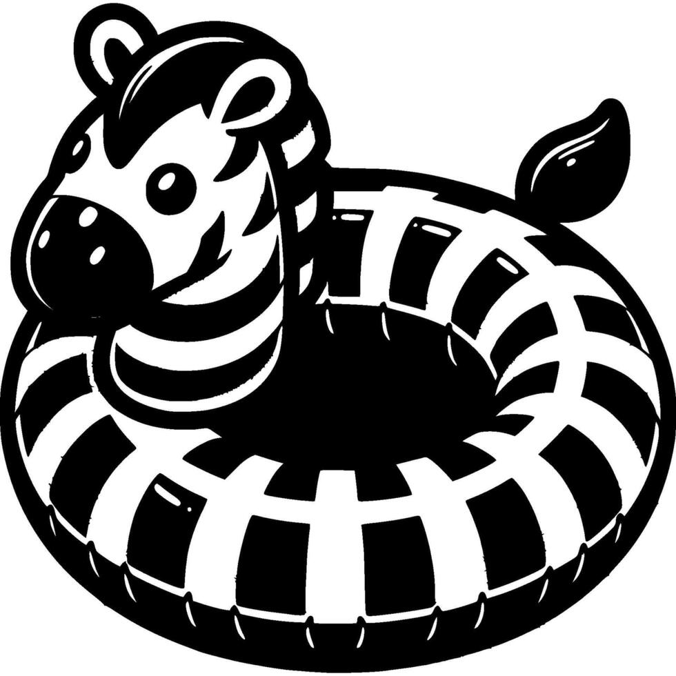 Inflatable lifebuoy ring with head zebra in monochrome. Teaching of child to swim. Simple minimalistic in black ink drawing on white background vector