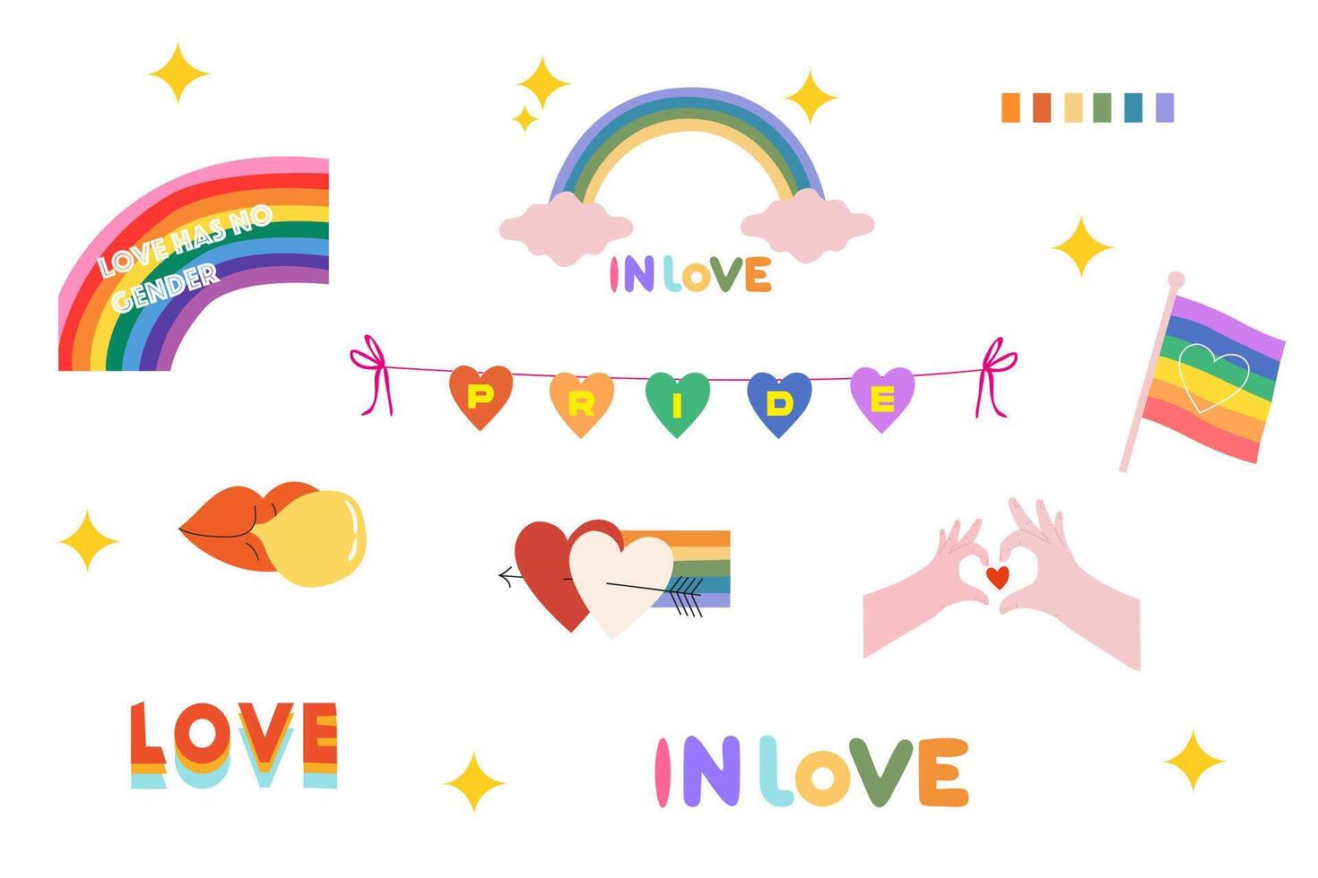set of LGBTQ community symbols. Pride month stickers. LGBT flat style icons and slogan collection. Social community. Supporting love freedom vector