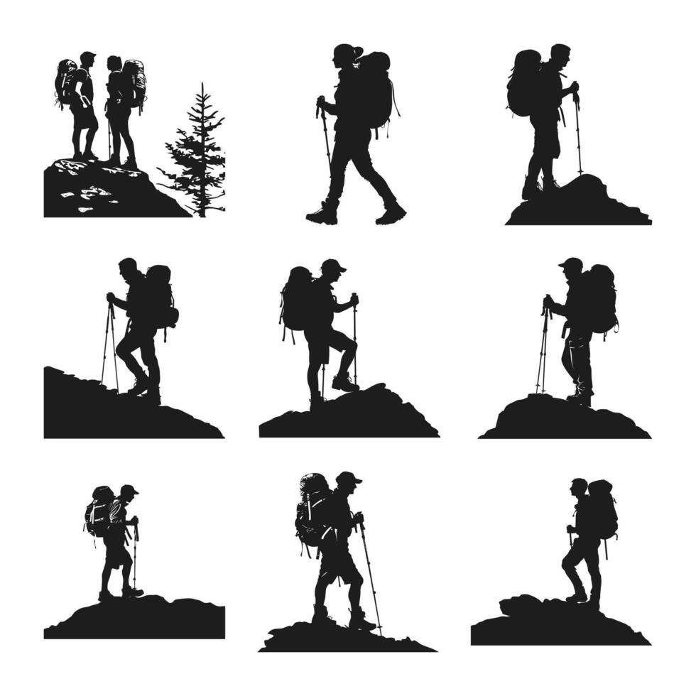 A set of hiking silhouette vector