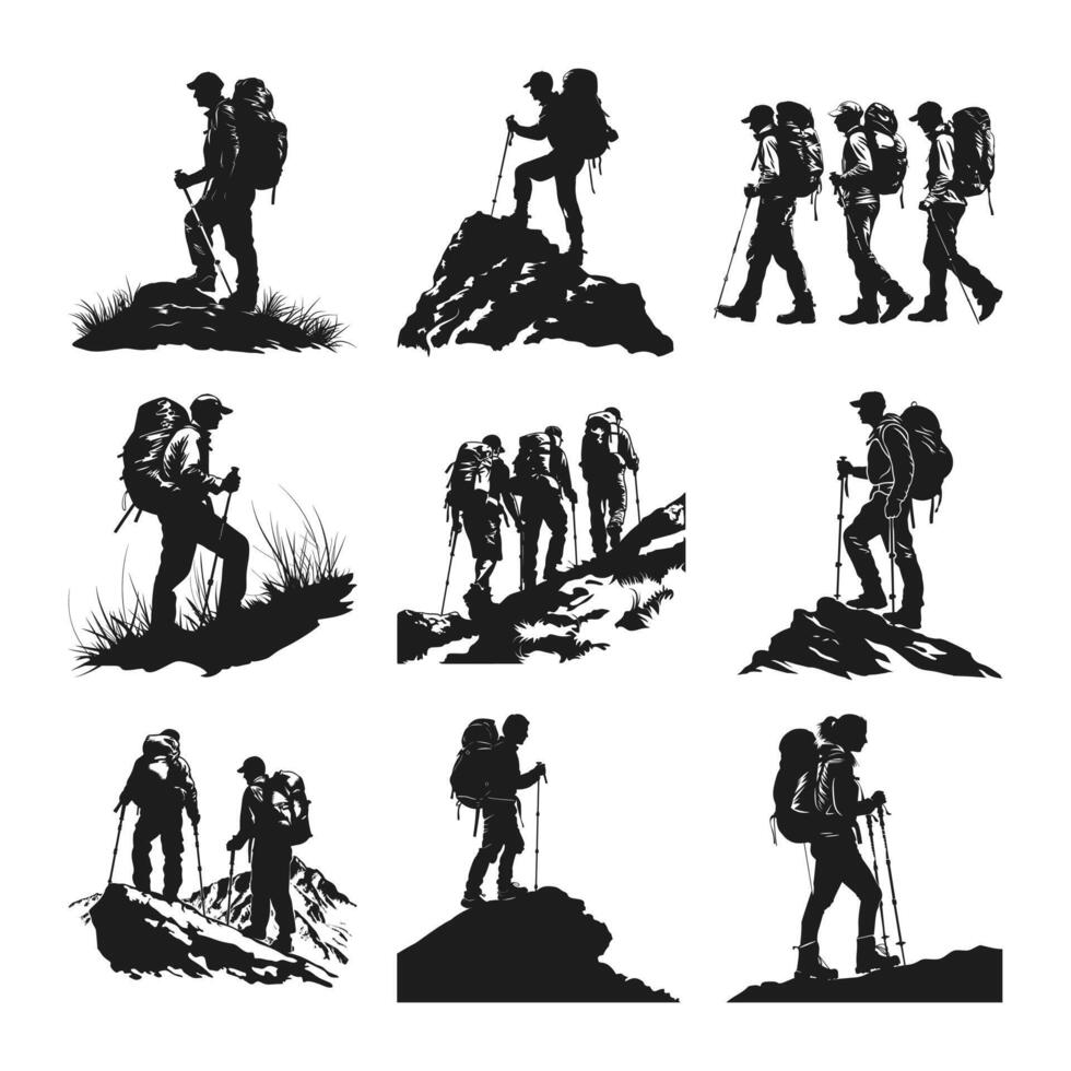 A set of hiking silhouette vector