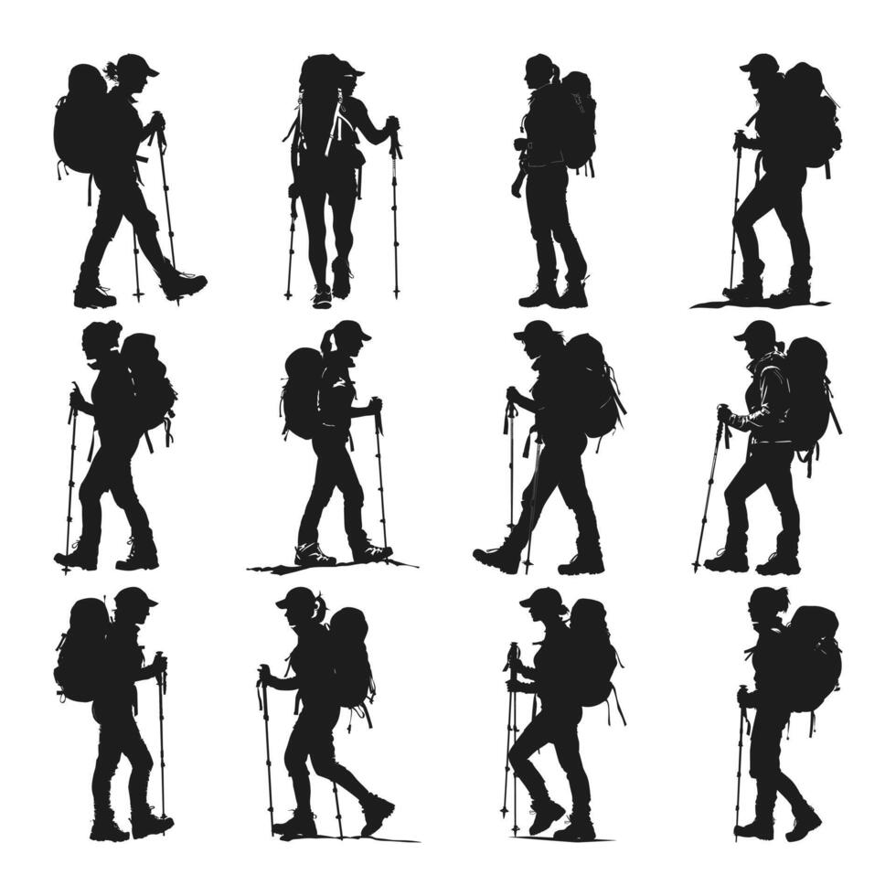 A set of female hiker silhouette vector