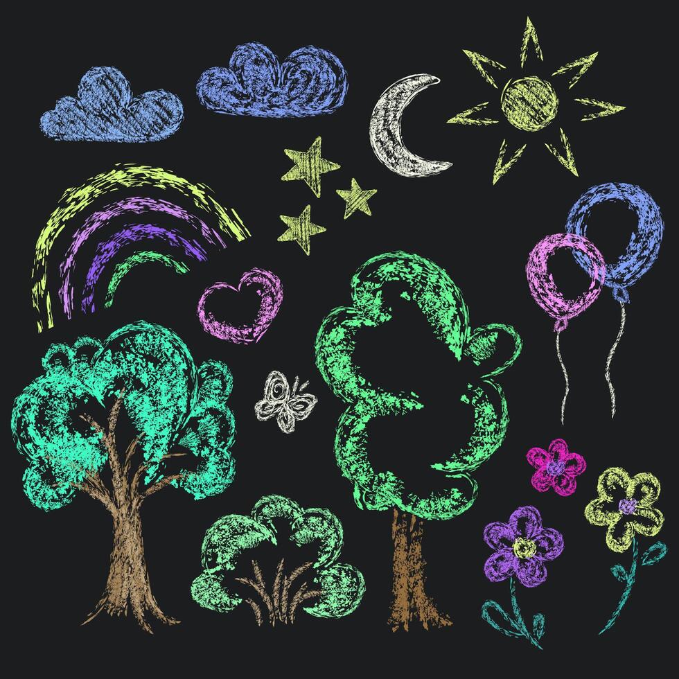 Chalk Hand Drawn Sketch children's drawing set. Crayon doodles Drawings set of design elements, clouds sun rainbow stars, trees and flowers, balloons. Funny colorful children's drawings vector