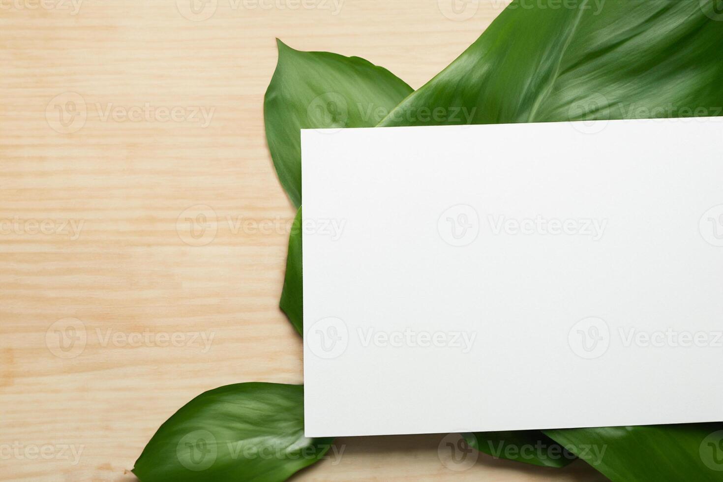 Beautiful Mockup Paper on Wooden Background Combined with Leaves A Charming Fusion of Nature and Elegance, Perfect for Showcasing Your Creative Designs with a Touch of Rustic Sophistication photo