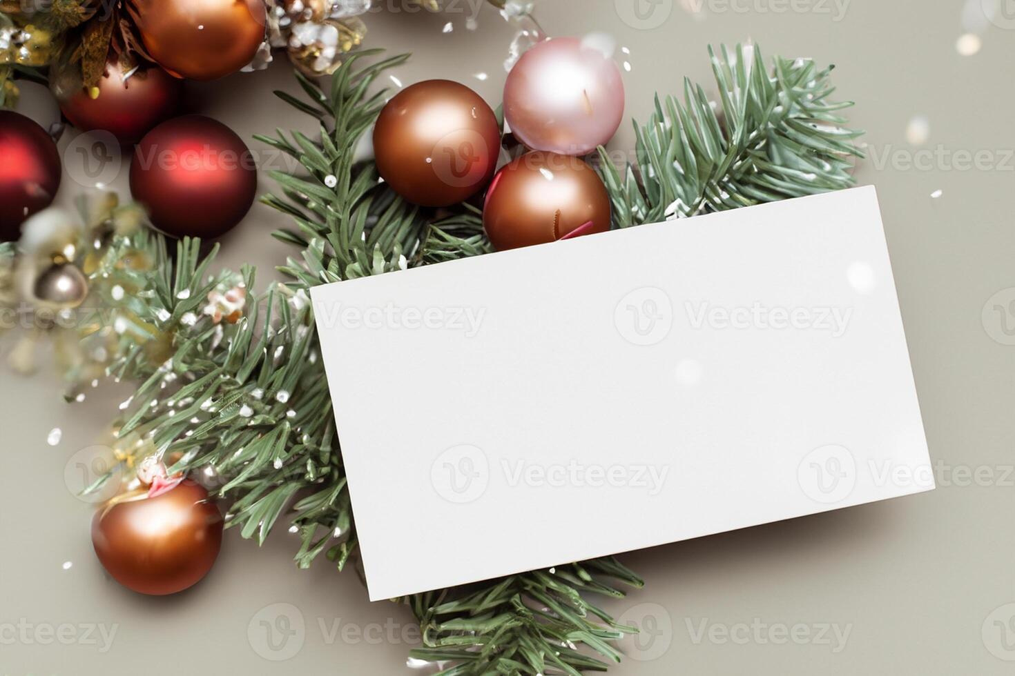 Beautiful Mockup White Card with Christmas Ornaments, A Festive Touch for Your Holiday Greetings photo