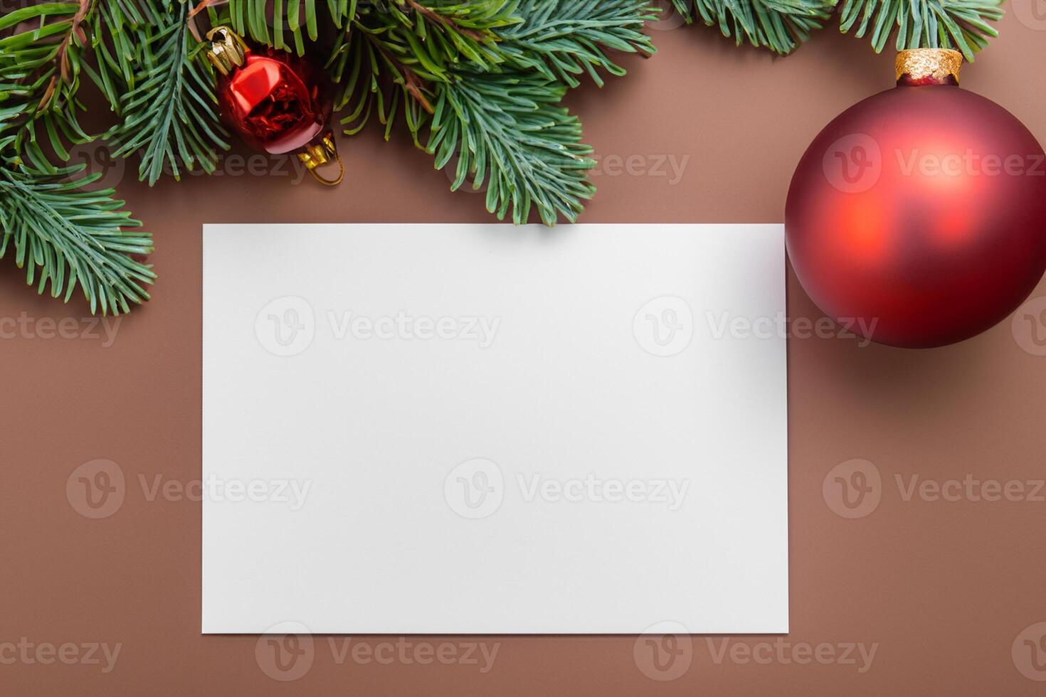 Beautiful Mockup White Card with Christmas Ornaments, A Festive Touch for Your Holiday Greetings photo