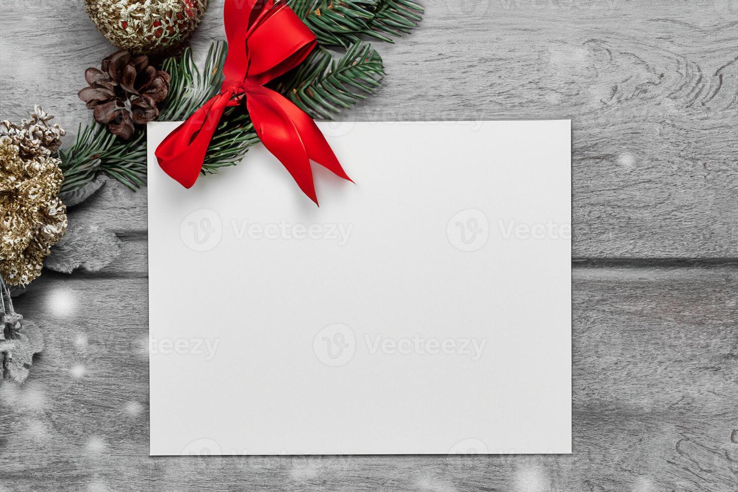 Beautiful Mockup White Card with Christmas Ornaments, A Festive Touch for Your Holiday Greetings photo