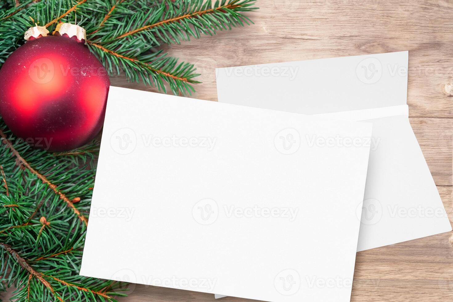 Beautiful Mockup White Card with Christmas Ornaments, A Festive Touch for Your Holiday Greetings photo