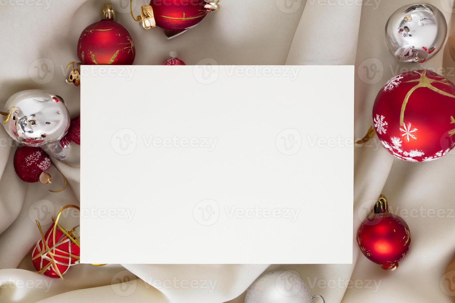 Beautiful Mockup White Card with Christmas Ornaments, A Festive Touch for Your Holiday Greetings photo