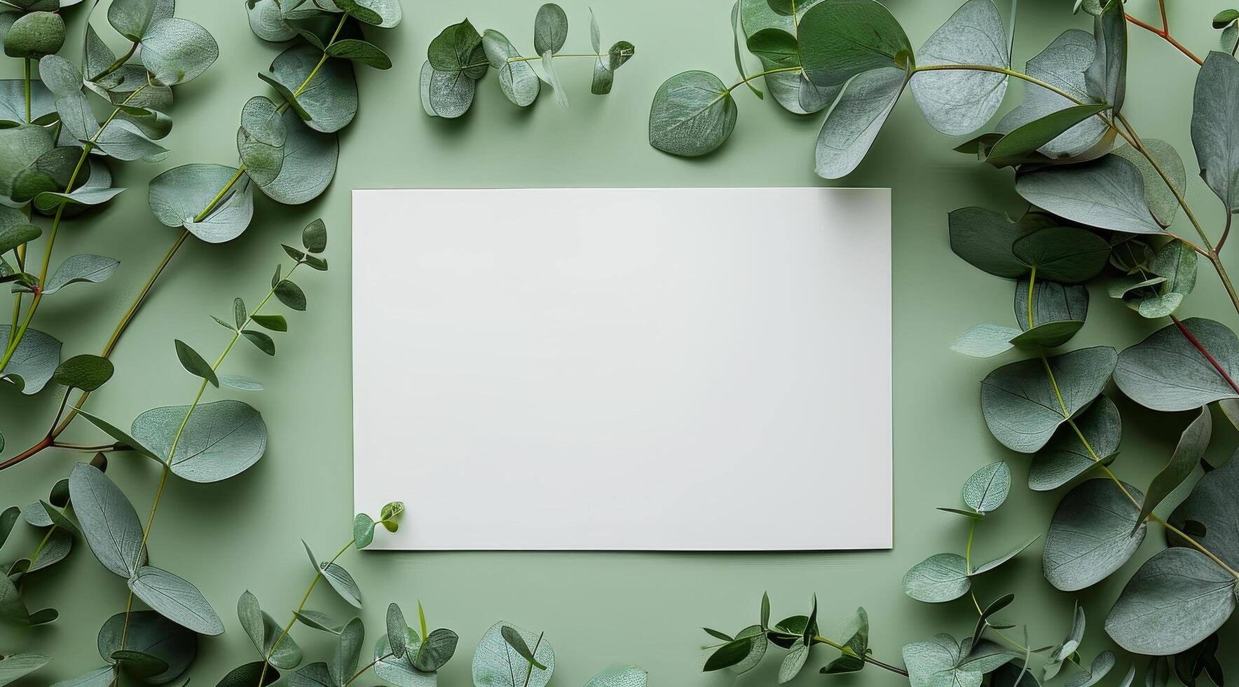 Blank White Paper Card Surrounded by Eucalyptus Leaves on Teal Background photo