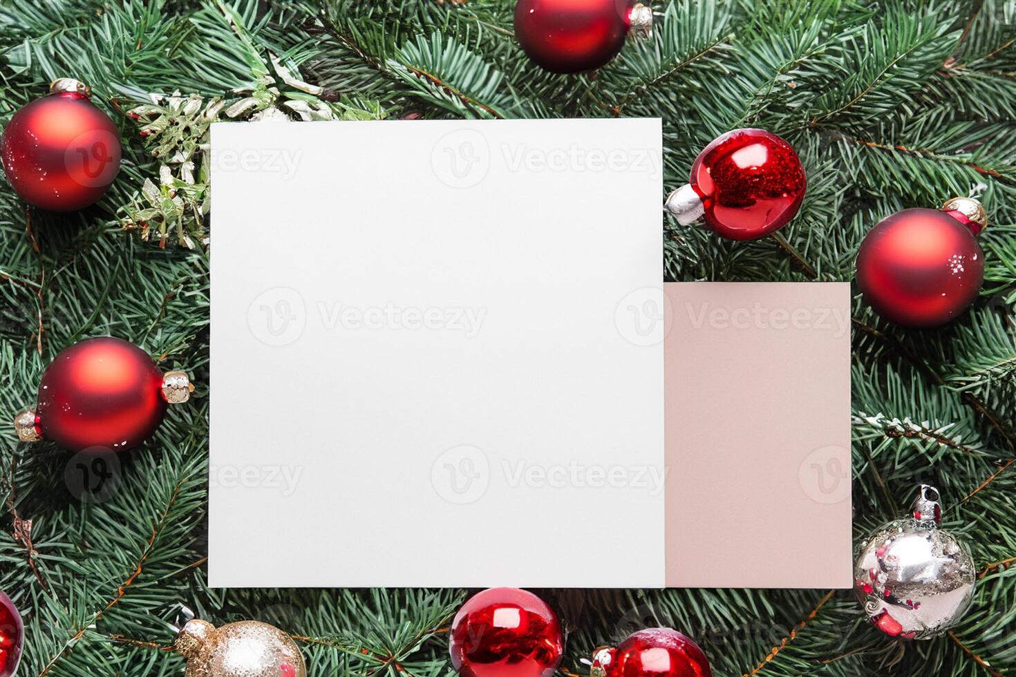 Beautiful Mockup White Card with Christmas Ornaments, A Festive Touch for Your Holiday Greetings photo