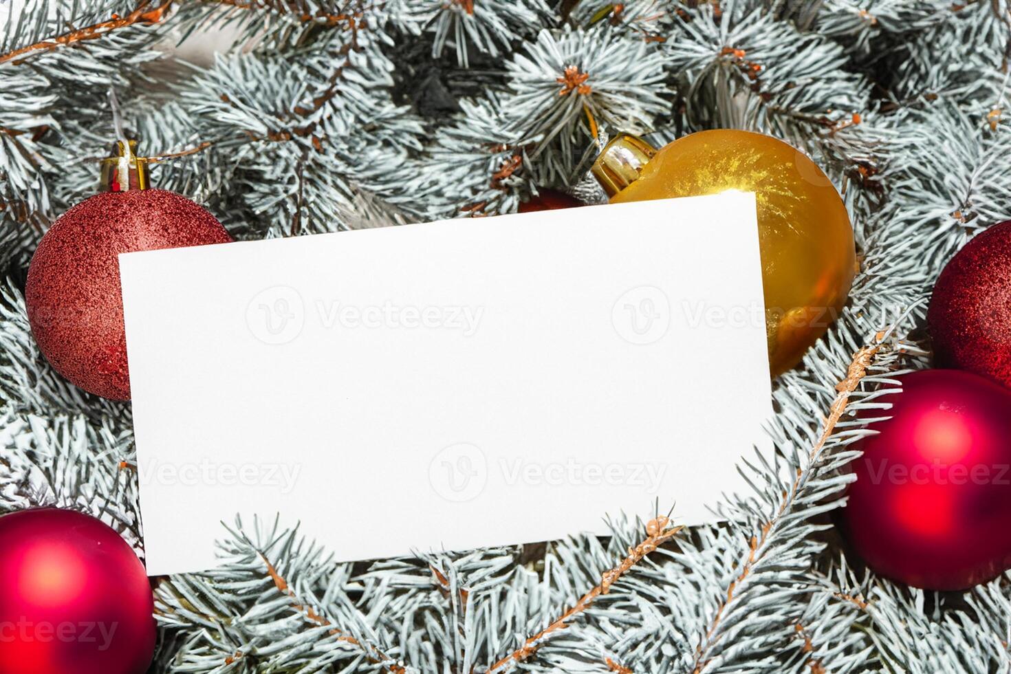 Beautiful Mockup White Card with Christmas Ornaments, A Festive Touch for Your Holiday Greetings photo