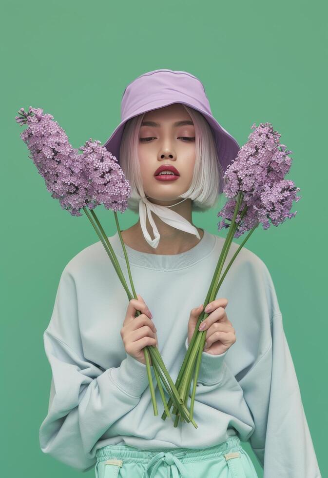 Woman in Pink Hat Holding Flowers photo