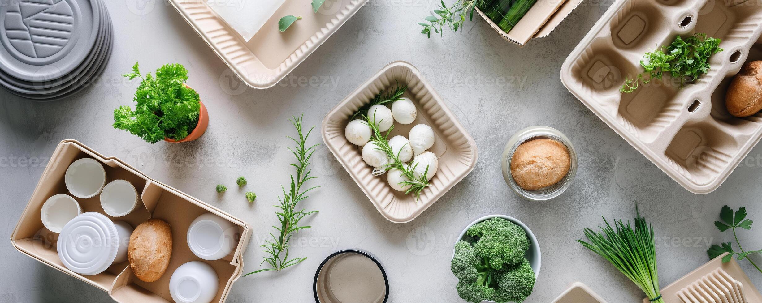 A biodegradable and compostable packaging solution for food products made from sustainable materials such as plant-based plastics or recycled paper photo