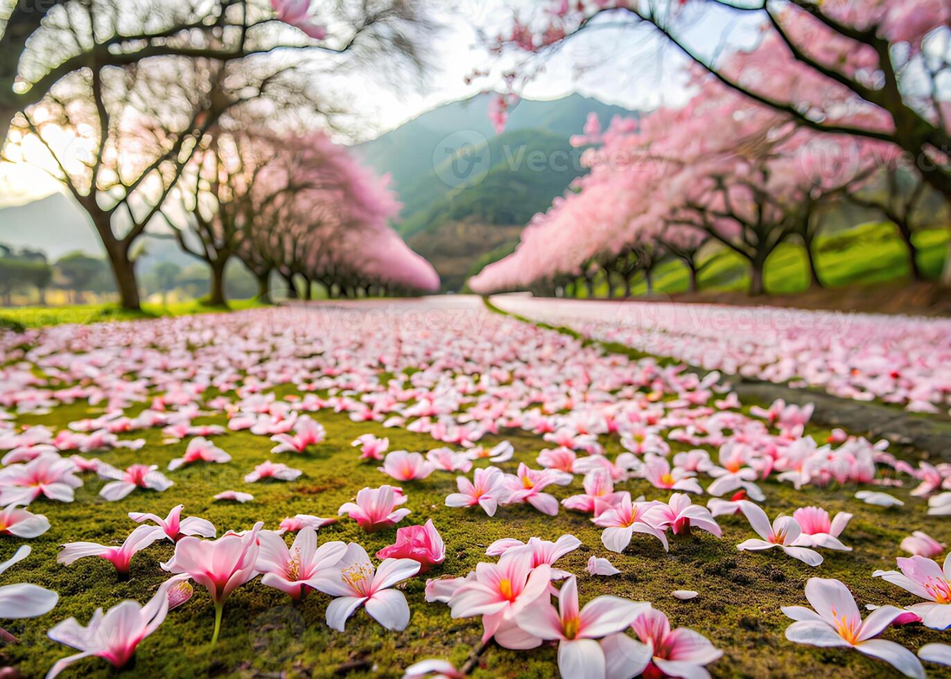 A field of Tung Blossoms in a rural Asian landscape, petals gently falling to the ground photo