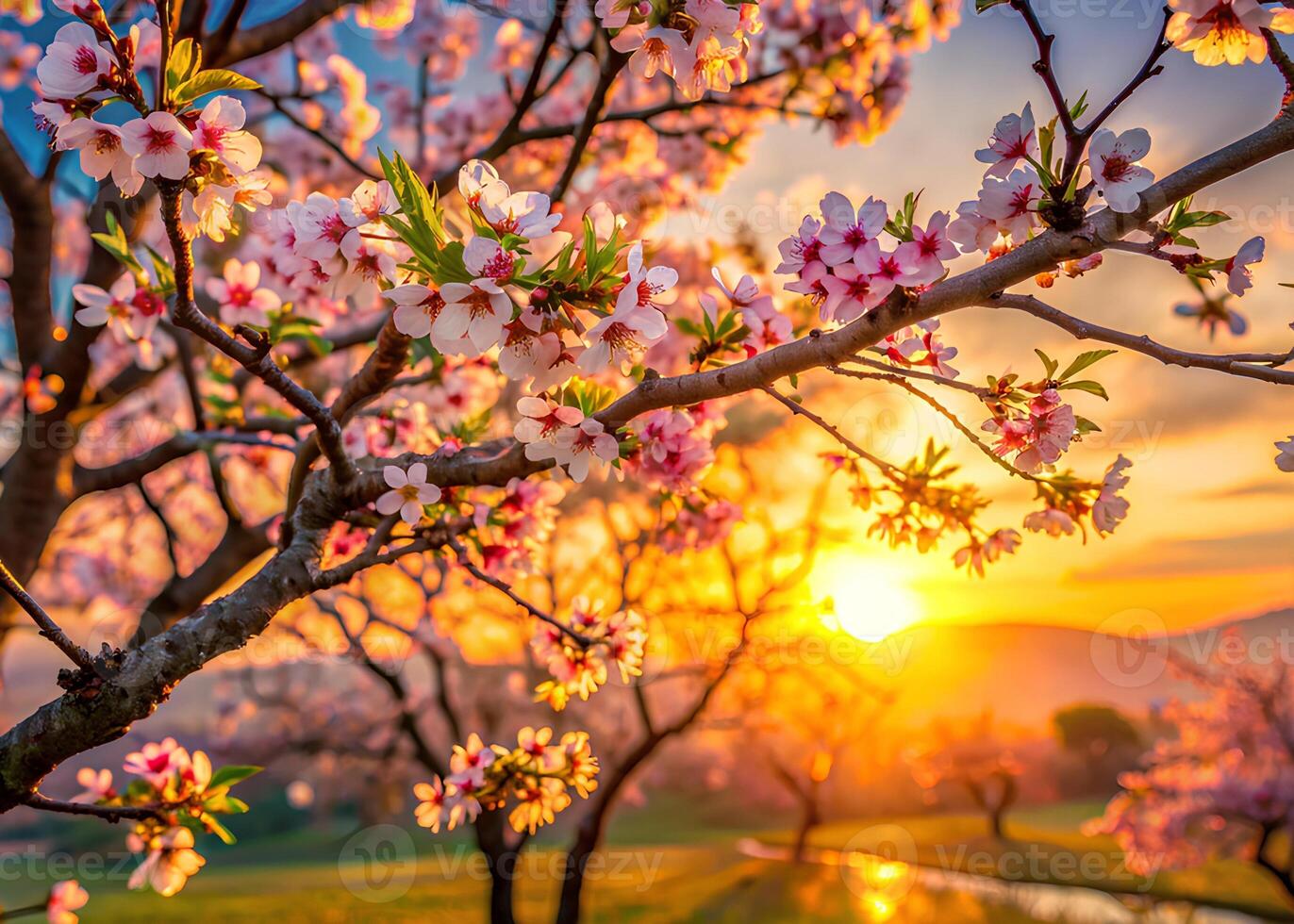 A Tung Blossom tree during sunset, the flowers illuminated by the golden hour light photo