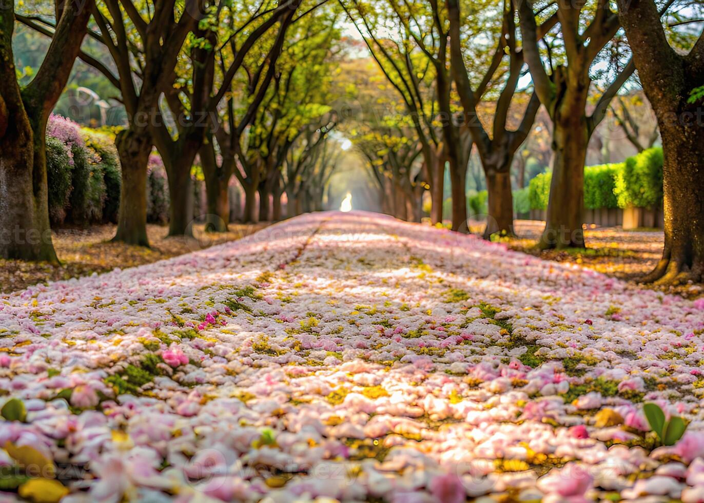 A pathway covered in fallen Tung Blossoms, creating a picturesque scene like a floral carpet. photo