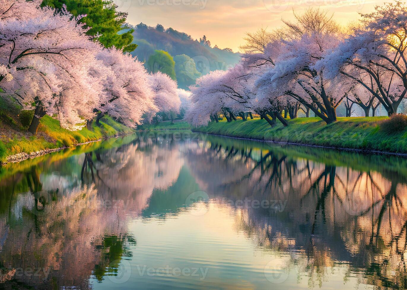 Tung Blossom trees lining a serene riverbank, reflecting their beauty in the calm water photo